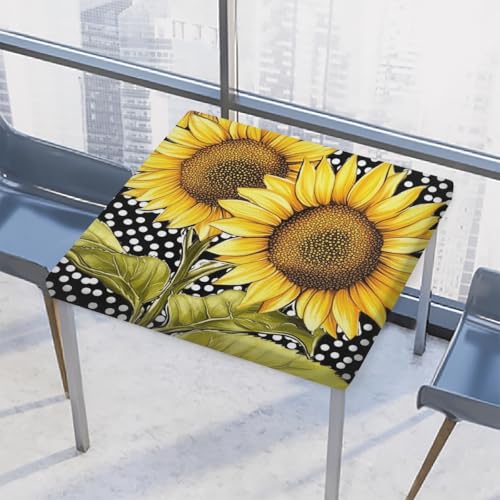Entemne Quadratische Tischdecke mit elastischem Rand, Sonnenblumen, gepunktet, Kunst-Tischdecken, 117 x 117 cm, wasserdichte Tischdecke für drinnen und draußen, Party, Terrassendekoration von Entemne
