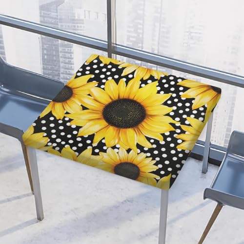 Entemne Quadratische Tischdecke mit elastischem Rand, Sonnenblumen, gepunktet, Tischdecke, 117 x 117 cm, wasserdicht, passend für drinnen und draußen, Party, Terrassendekoration von Entemne