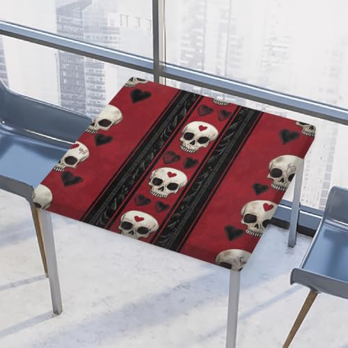 Entemne Quadratische Tischdecke mit elastischem Rand, Totenköpfe, Herzen, Gothic-Tischdecken, 86 x 86 cm, wasserdicht, passend für drinnen und draußen, Party, Terrassendekoration von Entemne