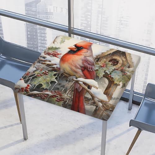Entemne Quadratische Tischdecke mit elastischem Rand, Winter-, Schnee-, Vogel-, Stechpalmenbeeren-Tischdecken, 86 x 86 cm, wasserdichte Tischdecke für drinnen und draußen, Party, Terrassendekoration von Entemne