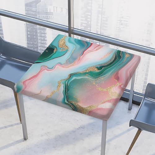 Entemne Quadratische Tischdecke mit elastischem Rand, abstraktes türkis-rosa Marmor-Tischdecken, 86 x 86 cm, wasserdichte Tischdecke für drinnen und draußen, Party, Terrassendekoration von Entemne