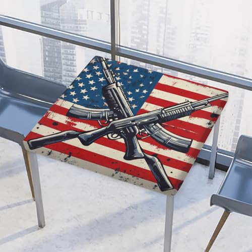 Entemne Quadratische Tischdecke mit elastischem Rand, amerikanische Flagge, Gewehrkunst-Tischdecken, 117 x 117 cm, wasserdichte Tischdecke für drinnen und draußen, Party, Terrassendekoration von Entemne