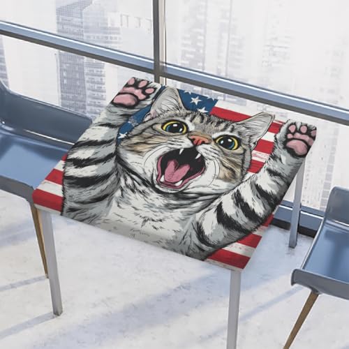 Entemne Quadratische Tischdecke mit elastischem Rand, amerikanische Flagge, Katzenpfoten, Tischdecken, 86 x 86 cm, wasserdicht, passend für drinnen und draußen, Party, Terrassendekoration von Entemne