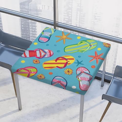 Entemne Quadratische Tischdecke mit elastischem Rand, bunte Flip-Flops, Sommer-Seestern-Tischdecken, 86 x 86 cm, wasserdicht, passend für drinnen und draußen, Party, Terrassendekoration von Entemne