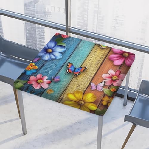 Entemne Quadratische Tischdecke mit elastischem Rand, bunte Holzblumen, Tischdecken, 117 x 117 cm, wasserdicht, passend für drinnen und draußen, Party, Terrassendekoration von Entemne