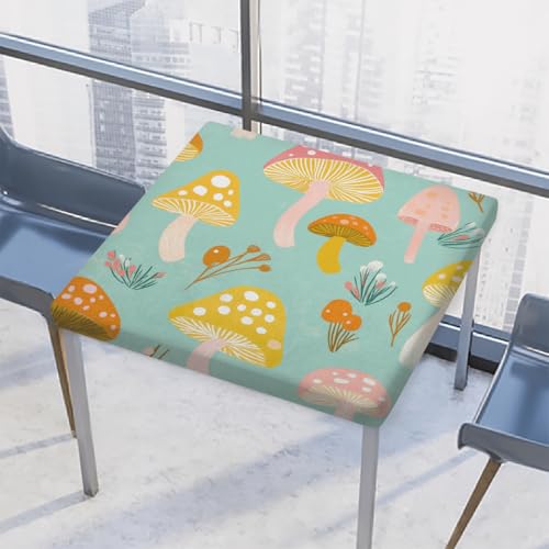 Entemne Quadratische Tischdecke mit elastischem Rand, bunte Pilz-Tischdecken, 86 x 86 cm, wasserdicht, passend für drinnen und draußen, Party, Terrassendekoration von Entemne