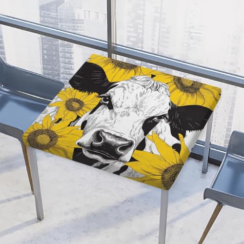 Entemne Quadratische Tischdecke mit elastischem Rand, gelbe Sonnenblumenkuh-Tischdecken, 117 x 117 cm, wasserdicht, passend für drinnen und draußen, Party, Terrassendekoration von Entemne