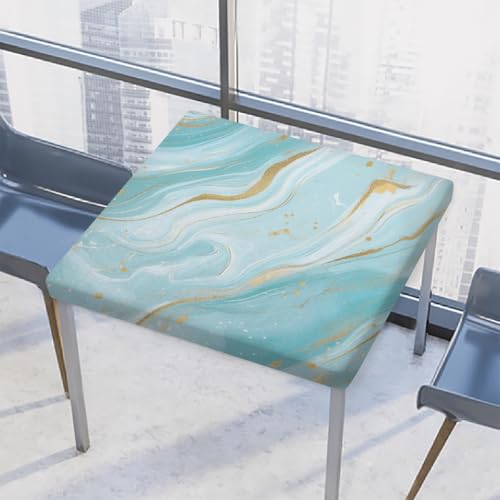 Entemne Quadratische Tischdecke mit elastischem Rand, hellblau-goldfarbene Marmor-Textur, Tischdecken, 117 x 117 cm, wasserdicht, passend für drinnen und draußen, Party, Terrassendekoration von Entemne