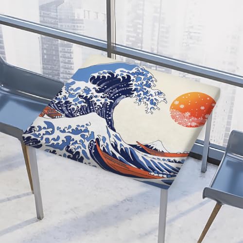 Entemne Quadratische Tischdecke mit elastischem Rand, japanische Wellen, Sonnentischdecken, 117 x 117 cm, wasserdichte Tischdecke für drinnen und draußen, Party, Terrassendekoration von Entemne