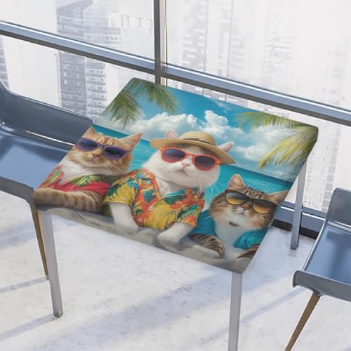 Entemne Quadratische Tischdecke mit elastischem Rand, lustige Katzen, Strand, Palme, Tischdecken, 86 x 86 cm, wasserdichte Tischdecke für drinnen und draußen, Party, Terrassendekoration von Entemne