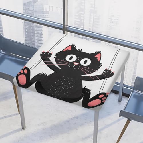 Entemne Quadratische Tischdecke mit elastischem Rand, lustige schwarze Katzentischdecken, 86 x 86 cm, wasserdichte Tischdecke für drinnen und draußen, Party, Terrassendekoration von Entemne