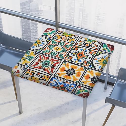 Entemne Quadratische Tischdecke mit elastischem Rand, mexikanische Keramikfliesen, Blumen-Tischdecken, 86 x 86 cm, wasserdichte Tischdecke für drinnen und draußen, Party, Terrassendekoration von Entemne