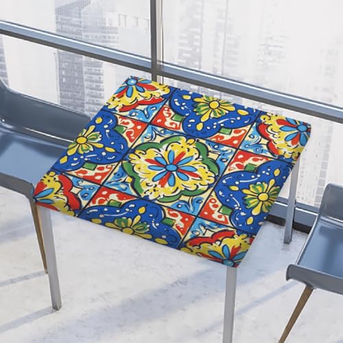 Entemne Quadratische Tischdecke mit elastischem Rand, mexikanische Talavera-Fliesen, Blumen-Tischdecken, 117 x 117 cm, wasserdicht, passend für drinnen und draußen, Party, Terrassendekoration von Entemne