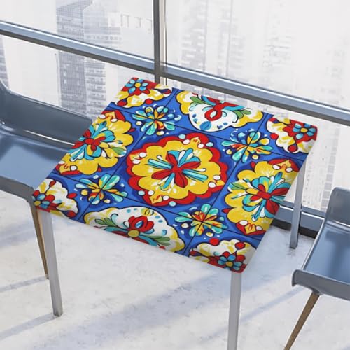 Entemne Quadratische Tischdecke mit elastischem Rand, mexikanische Talavera-Fliesen, Tischdecken, 86 x 86 cm, wasserdichte Tischdecke für drinnen und draußen, Party, Terrassendekoration von Entemne