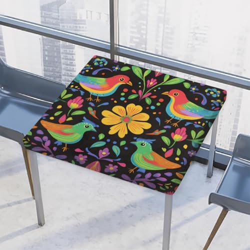 Entemne Quadratische Tischdecke mit elastischem Rand, mexikanische bunte Vögel, Blumen, Tischdecken, 86 x 86 cm, wasserdicht, passend für drinnen und draußen, Party, Terrassendekoration von Entemne