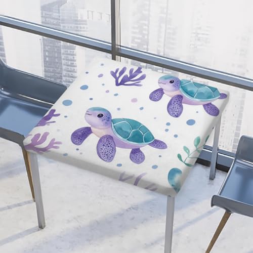 Entemne Quadratische Tischdecke mit elastischem Rand, niedliche Meeresschildkröten, blaugrün, lila, Tischdecken, 86 x 86 cm, wasserdichte Tischdecke für drinnen und draußen, Party, Terrassendekoration von Entemne