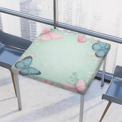 Entemne Quadratische Tischdecke mit elastischem Rand, pink-blaue Schmetterling-Tischdecken, 86 x 86 cm, wasserdichte Tischdecke für drinnen und draußen, Party, Terrassendekoration von Entemne