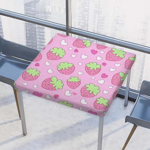 Entemne Quadratische Tischdecke mit elastischem Rand, rosa Erdbeerherzen, Tischdecken, 117 x 117 cm, wasserdichte Tischdecke für drinnen und draußen, Party, Terrassendekoration von Entemne