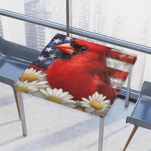 Entemne Quadratische Tischdecke mit elastischem Rand, rote Vögel, amerikanische Flagge, Gänseblümchen, Tischdecken, 117 x 117 cm, wasserdicht, passend für drinnen und draußen, Party von Entemne