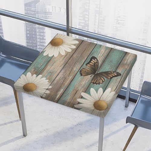 Entemne Quadratische Tischdecke mit elastischem Rand, rustikale Holz-Tischdecken mit Gänseblümchen, 117 x 117 cm, wasserdicht, passend für drinnen und draußen, Party, Terrassendekoration von Entemne