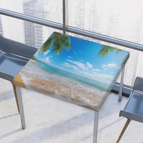 Entemne Quadratische Tischdecke mit elastischem Rand, tropische Strandpalmen, Meer, Tischdecken, 86 x 86 cm, wasserdichte Tischdecke für drinnen und draußen, Party, Terrassendekoration von Entemne