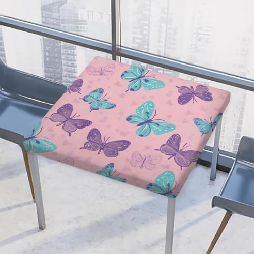 Entemne Quadratische Tischdecke mit elastischem Rand, violett-blauer Schmetterling, Rosa, Tischdecken, 117 x 117 cm, wasserdichte Tischdecke für drinnen und draußen, Party, Terrassendekoration von Entemne