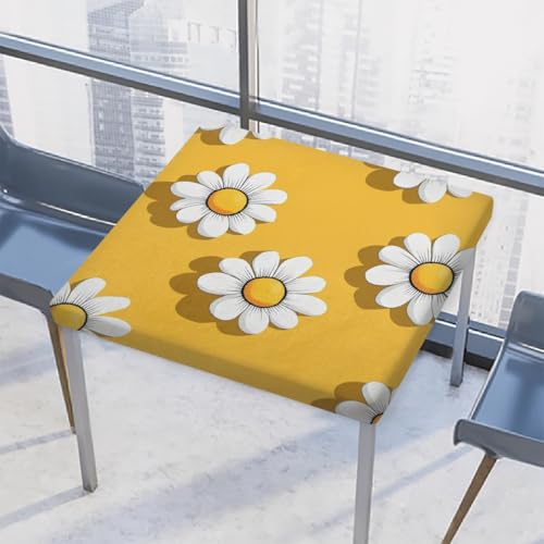 Entemne Quadratische Tischdecke mit elastischem Rand, weiße Gänseblümchen, gelbe Tischdecken, 117 x 117 cm, wasserdichte Tischdecke für drinnen und draußen, Party, Terrassendekoration von Entemne