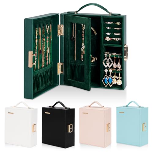 Enthralite Reise-Schmuckkoffer|Reise-Must-Have|Handliche Schmuckschatulle mit Spiegel|PU-Leder Kleiner Schmuckorganizer für Ringe, Ohrringe, Halsketten, Armbänder (Dunkelgrün) von Enthralite