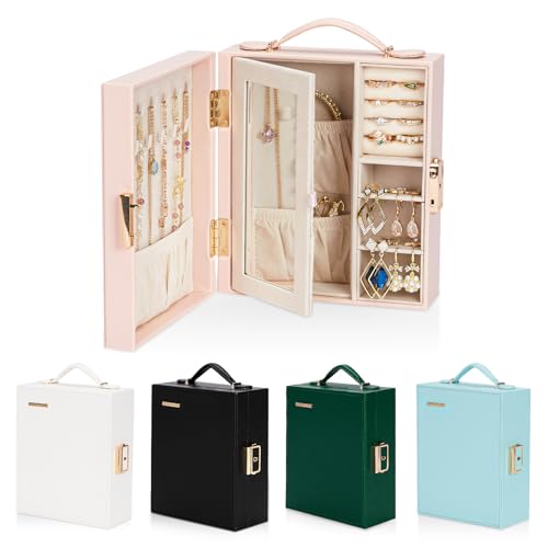 Enthralite Reise-Schmuckkoffer|Reise-Must-Have|Handliche Schmuckschatulle mit Spiegel|PU-Leder Kleiner Schmuckorganizer für Ringe, Ohrringe, Halsketten, Armbänder (Hell-Pink) von Enthralite