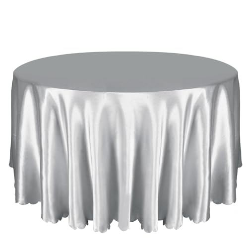 Entisn 1 Packung 228 cm runde Tischdecke, hellgraue Satin-Tischdecke für 76-183 cm große Tische, Overlay, helle, seidige Satin-Tischdecke, knitterfreie Tischdekoration für Hochzeitsbankett, Party von Entisn