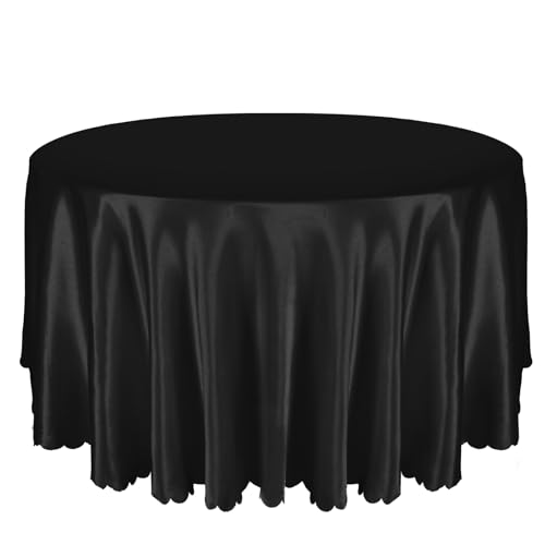 Entisn 1 Packung 228 cm runde Tischdecke, schwarze Satin-Tischdecke für 76-183 cm große Tische, Overlay, helle, seidige Satin-Tischdecke, knitterfreie Tischdekoration für Hochzeitsbankett, Party von Entisn
