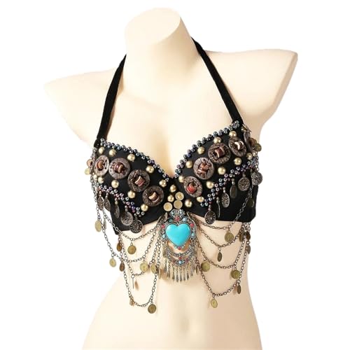 EnxJire Bauchtanz BH Vintage BH Tribal Bauchtanz Push Up BH Holzperlen Top(Black,S) von EnxJire