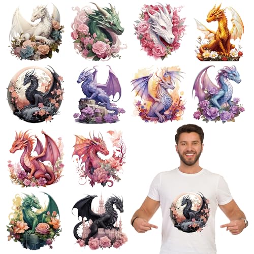 EoBeCy 12 Blatt Drachen-Blumen-Bügelbilder für T-Shirts, mystische DTF-Übertragungen, bereit zum Drücken, Wärmetransfer-Vinyl, zum Aufbügeln für Kleidung, Tasche, Hoodie, Kissenbezüge, DIY Handwerk EoBeCy 12 Blatt Drachen-Blumen-Bügelbilder für T-Shirts, mystische DTF-Übertragungen, bereit zum Drücken, Wärmetransfer-Vinyl, zum Aufbügeln für Kleidung, Tasche, Hoodie, Kissenbezüge, DIY Handwerk von EoBeCy