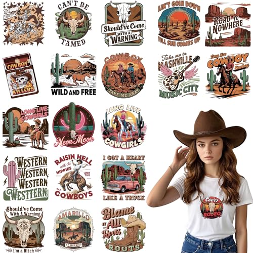 EoBeCy 20 Blatt Western Cowboy Bügelbilder für T-Shirts, DTF Transfers Ready to Press Heat Transfers Vinyl Iron on Patches Decals für Kleidung Rucksack Tasche Hoodie Kissenbezüge DIY Handwerk von EoBeCy