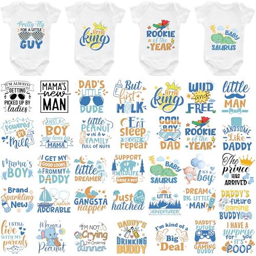EoBeCy 36 Blatt Babyparty-Spiele, Bügelbilder für T-Shirts, niedliches Baby Boy DTF Transfers Ready to Press Heat Transfers Vinyl Iron on Patches Decals für Babykleidung Lätzchen Bodysuit DIY Handwerk von EoBeCy