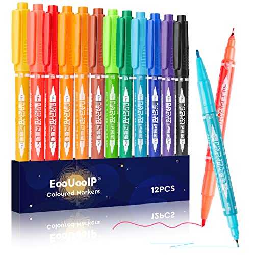 EooUooIP Permanent Marker, Dual Tips Farbige Marker,12 Farben Wasserfeste Stifte set,Permanent Art Marker für Plastik, Stein und Glas zum Bemalen, Färben und Markieren geeignet von EooUooIP