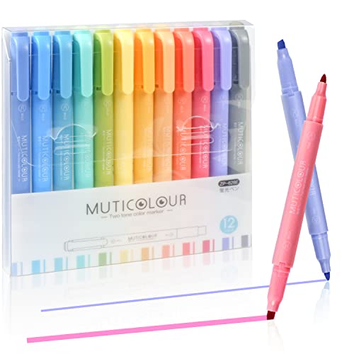 EooUooIP Textmarker, 12 Stück Doppelspitzen Textmarker Pastell und Marker, Verschiedene Coole Farben, Schulbüro Schulsachen, Bullet Journal Zubehör von EooUooIP