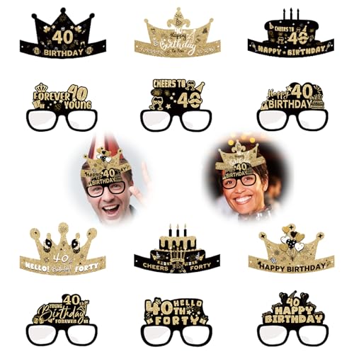 Eowppue Dekorationen zum 40. Geburtstag – 12-teiliges Set mit Partyhüten und Brillen für Männer und Frauen – Schwarz und Gold, Party-Zubehör, schmutzige 40 Foto-Requisiten, Happy 40th Birthday von Eowppue