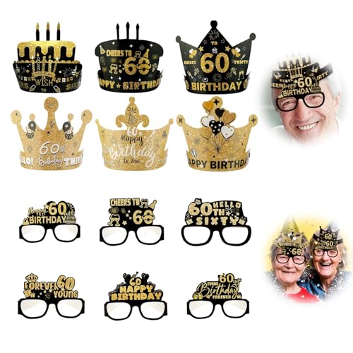 Eowppue Dekorationen zum 60. Geburtstag – 12-teiliges Set mit Partyhüten und Brillen für Männer und Frauen – Party-Zubehör, Foto-Requisiten, Happy 60th Birthday", Schwarz und Gold von Eowppue