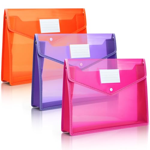 Epakh Fächermappen aus Kunststoff, B4, für Schule, Klassenzimmer, Umschlag, Dokumenten-Organizer, bunter Quittungs-Organizer mit Schnappverschluss, für Büro, 3 Stück (Rosa, Lila, Orange) von Epakh