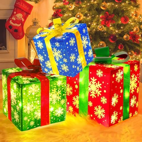 Beleuchtet Geschenkbox Weihnachts - Batteriebetrieben 13/15/20cm Set von 3 Geschenkboxen mit 60 Warmweiß LED Weihnachtslichter, Innen Außen Weihnachtsbaum Dekorationen für Weihnachten/Neues Jahr von Epesl