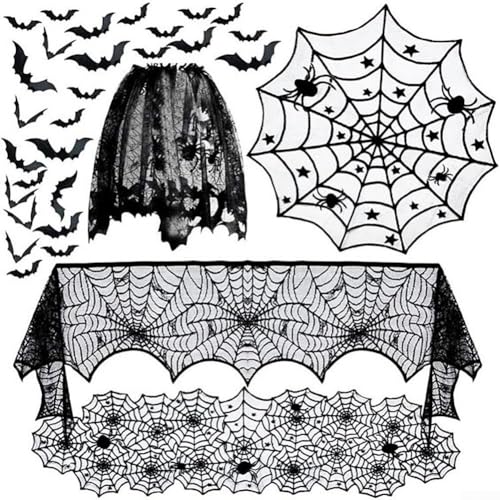 5pcs Halloween Indoor Decor Set mit Spinnennetz-Tischdecke, Kaminschal, Spinnenlampenschirm, runder Tischdecke und Fledermaus-Wandaufklebern für Zimmerpartys von EpheyFIF