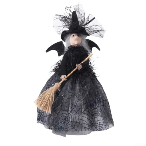 Halloween-Hexenpuppe mit Besen für Innendekoration bei Partys oder festlichen Veranstaltungen, mit einem Spinnennetz-Rock und Fledermausflügeln mit einer sicheren stabilen Basis (ist grün) von EpheyFIF