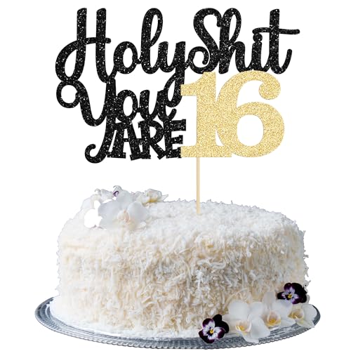 1 x Tortenaufsatz mit Aufschrift "Holy Shit You are 16", glitzernd, "Happy 16th Birthday", süße Kuchendekorationen für lustige 16. Geburtstag, Partyzubehör von Ephlyn