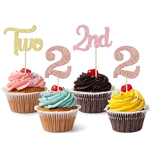 24 Stück Cupcake-Topper zum 2. Geburtstag, Glitzer, 2. Geburtstag, zwei Cupcake-Picks für Babyparty, 2. Geburtstag, Jahrestag, Party, Kuchendekorationen, Zubehör, Gold, Rosa, Roségold von Ephlyn