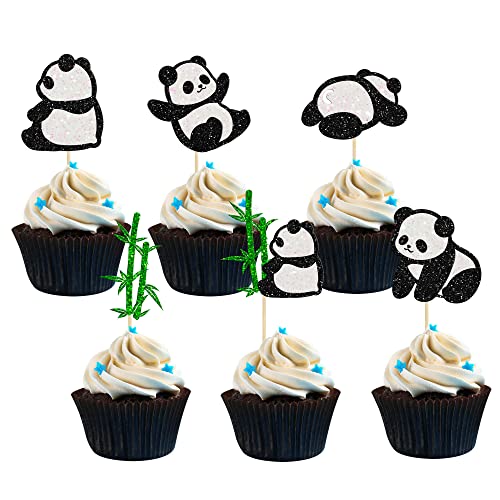Cupcake-Aufsätze mit Panda-Motiv, glitzernd, grün, Bambus, Cupcake-Picks, niedlicher Tierbär, Kuchendekoration, Babyparty, Kindergeburtstag, Panda-Themenparty-Zubehör, 24 Stück von Ephlyn