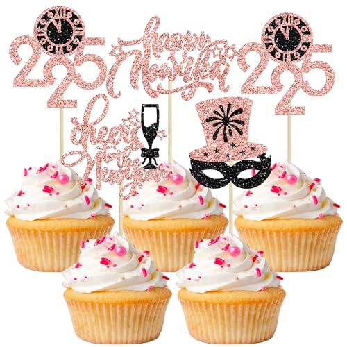 Cupcake-Topper für 2025 Happy New Year, Glitzer, Prost auf das neue Jahr, magischer Hut 2025 Uhr, Cupcake-Pick-Dekorationen für 2025 Happy New Years, Partyzubehör, Schwarz, Roségold, 24 Stück Cupcake-Topper für 2025 Happy New Year, Glitzer, Prost auf das neue Jahr, magischer Hut 2025 Uhr, Cupcake-Pick-Dekorationen für 2025 Happy New Years, Partyzubehör, Schwarz, Roségold, 24 Stück von Ephlyn