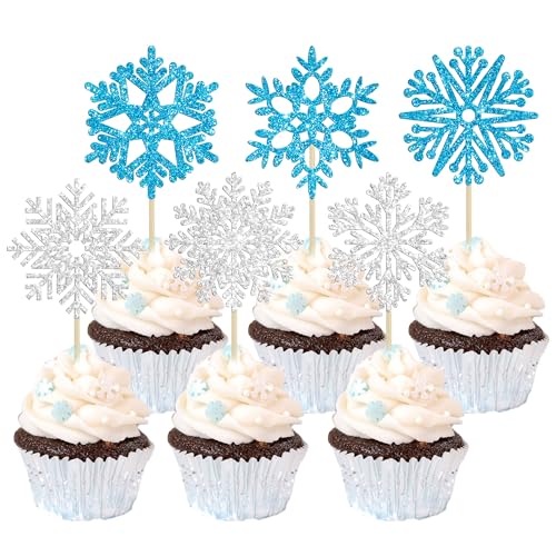 Cupcake-Topper mit Schneeflocken-Motiv, Glitzer, Winter, Eiskönigin, Schneeflocke, Cupcake-Pick-Dekorationen für Babyparty, Kindergeburtstag, Weihnachten, Party, Dekoration, Zubehör, Blau, Silber, 36 Cupcake-Topper mit Schneeflocken-Motiv, Glitzer, Winter, Eiskönigin, Schneeflocke, Cupcake-Pick-Dekorationen für Babyparty, Kindergeburtstag, Weihnachten, Party, Dekoration, Zubehör, Blau, Silber, 36 von Ephlyn
