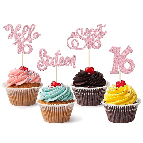 Cupcake-Topper zum 16. Geburtstag, Glitzer, Hello 16 Sweet 16, Cupcake-Picks, 16 Jahre, Kuchendekorationen für Geburtstag, Hochzeit, Jahrestag, Partyzubehör, Rosa, 24 Stück Cupcake-Topper zum 16. Geburtstag, Glitzer, Hello 16 Sweet 16, Cupcake-Picks, 16 Jahre, Kuchendekorationen für Geburtstag, Hochzeit, Jahrestag, Partyzubehör, Rosa, 24 Stück von Ephlyn