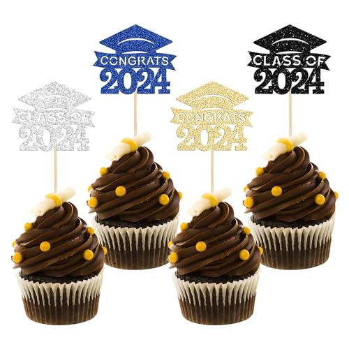 Cupcake-Topper zum Schulabschluss 2023, mehrfarbig, glitzernd, Klasse 2023, Kuchendekorationen, Congrats Grade Cap 2023, Cupcake-Essenspieße für Abschlussfeier, Motto-Party, Kuchendekorationen, von Ephlyn